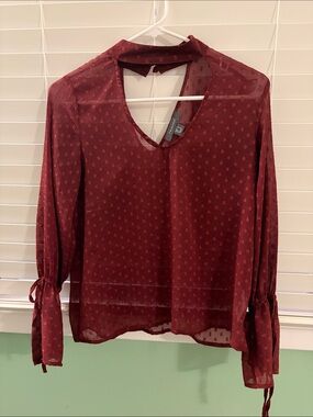 Primark Burgundy Sheer V-Neck Long-Sleeve Blouse